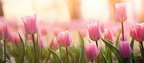 Pink tulips in front of a blurry backdrop #678425131