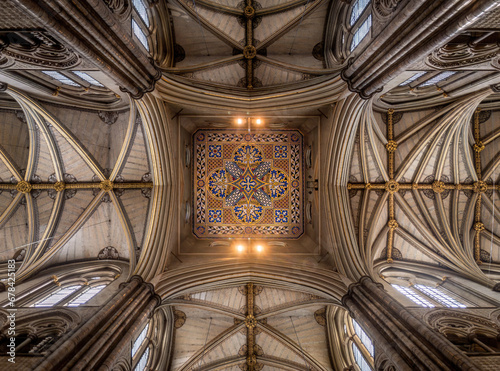 Low angle of majestic Gothic Architecture of Westminster Abbey photo