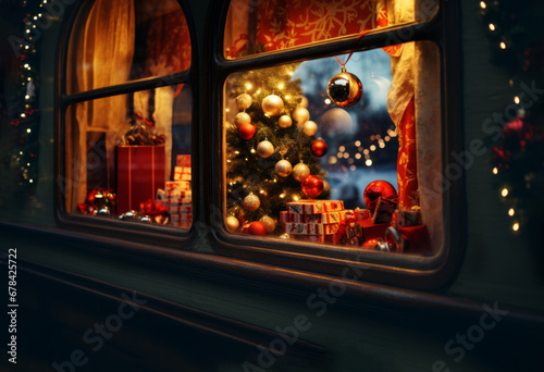 AI Generated Image of vintage Christmas decorated train at night on a railroad station