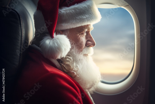AI Generated Image of side view of serious Santa looking away and relaxing in the airplane while having journey trip