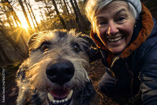 AI Generated Image of smiling active senior elderly woman making selfie with her dot in a sunset forest photo