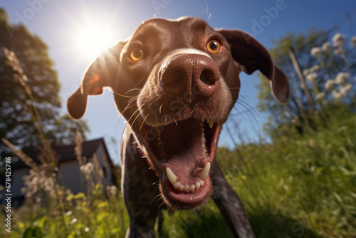 AI Generated Image of closeup of cute playful German short haired pointer having fun in a meadow while standing with opened mouth and looking at camera photo