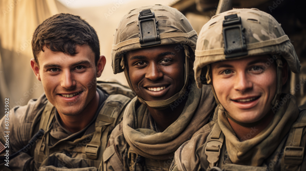 Smiling soldiers look at camera, portrait of happy men in modern uniform. Faces of group of military male close-up. Concept of war, US army, young people, team