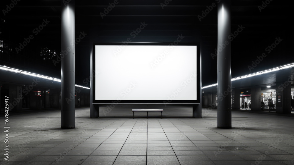 Blank billboard at train station or street at night, poster mockup in dark city. Empty banner for advertising in urban location. Concept of subway, background, city, template, screen Blank billboard at train station or street at night, poster mockup in dark city. Empty banner for advertising in urban location. Concept of subway, background, city, template, screen