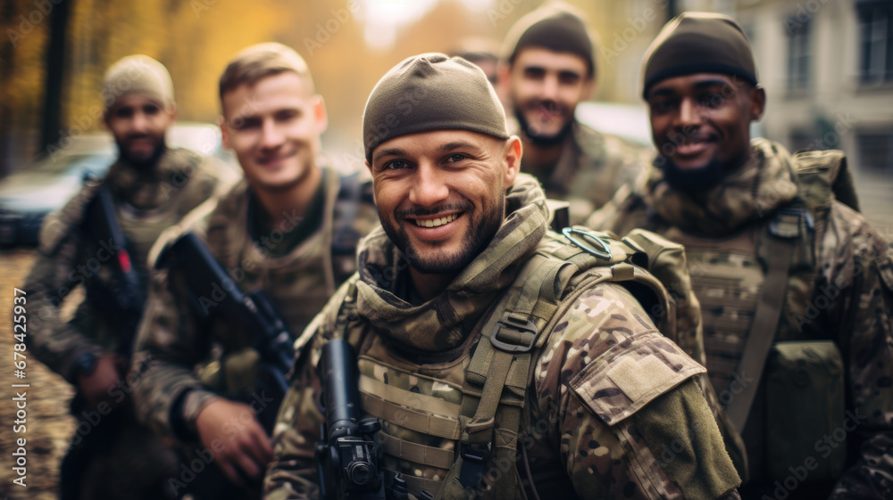 Happy soldiers with weapon pose for photo, smiling men in modern uniform. Portrait of group of military male close-up. Concept of war, US army, young people, team, camouflage - obrazy, fototapety, plakaty 