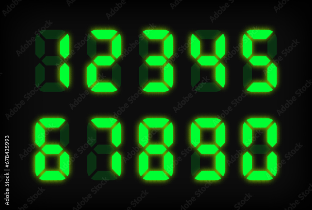 Green electronic numbers on black background. LED clock. Digital Watch. Electronic dial. Digital alarm clock. Vector illustration