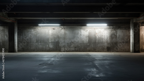 Blank concrete wall mockup in underground parking, empty space to display advertising. Dark old grungy warehouse, vintage garage. Concept of banner, logo, brand, background © scaliger