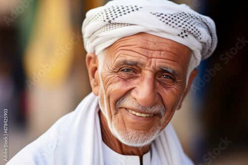 AI Generated Image of smiling Arabian elderly bearded man wearing traditional clothing and looking at camera while standing against blurred background photo