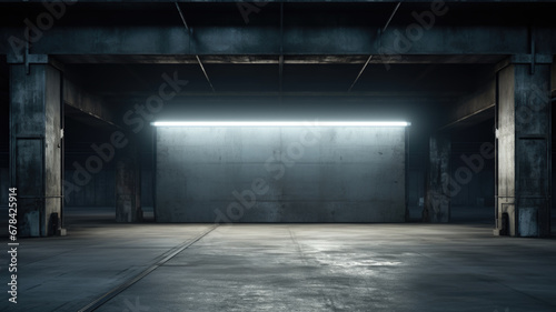 Blank wall mockup in underground parking or grungy street, empty space to display advertising. Dark old city place, vintage concrete warehouse. Concept of office, logo, brand, banner,