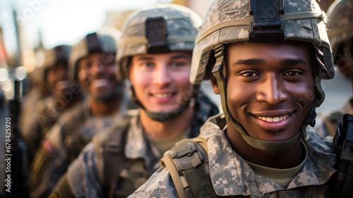 Smiling soldiers in ranks, faces of happy men in modern uniform. Portrait of group of military male close-up. Concept of war, US army, young people, team, camouflage photo