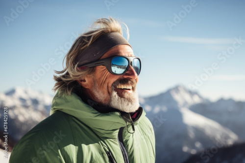 AI generative image of happy mature man in warm clothing and sunglasses looking away while enjoying a winter mountain ski resort photo