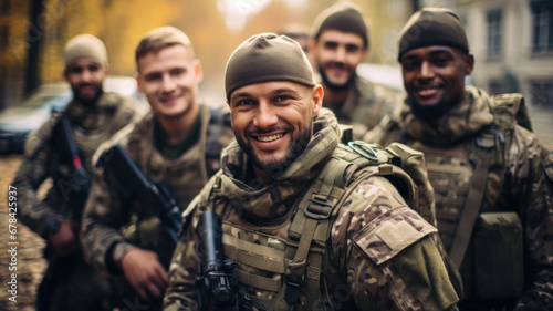Happy soldiers with weapon pose for photo, smiling men in modern uniform. Portrait of group of military male close-up. Concept of war, US army, young people, team, camouflage photo
