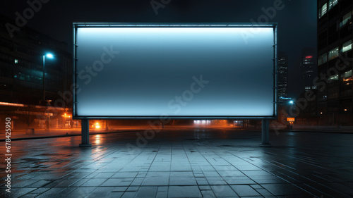 Blank big billboard on street at night, poster mockup in dark city. Empty banner for advertising in urban landscape. Concept of station, background, city, template, parking