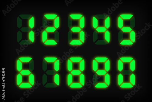 Green electronic numbers on black background. LED clock. Digital Watch. Electronic dial. Digital alarm clock. Vector illustration