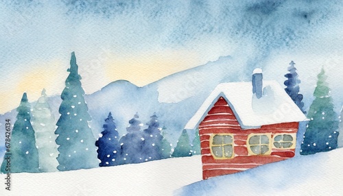 a snowy cabin watercolor  © Allison