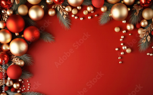 Christmas and New Year holiday greeting card. Red and gold Christmas balls and decorations on red background with copy space for text