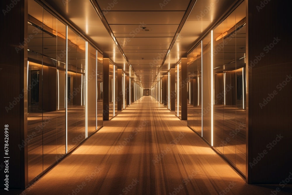  a contemporary hotel corridor with sleek, modern design elements, such as glass walls and minimalist decor, combined with soft, warm lighting for a luxurious and inviting feel.