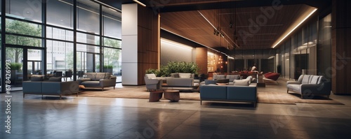  a modern commercial building lobby corridor leading to an open lounge area. 