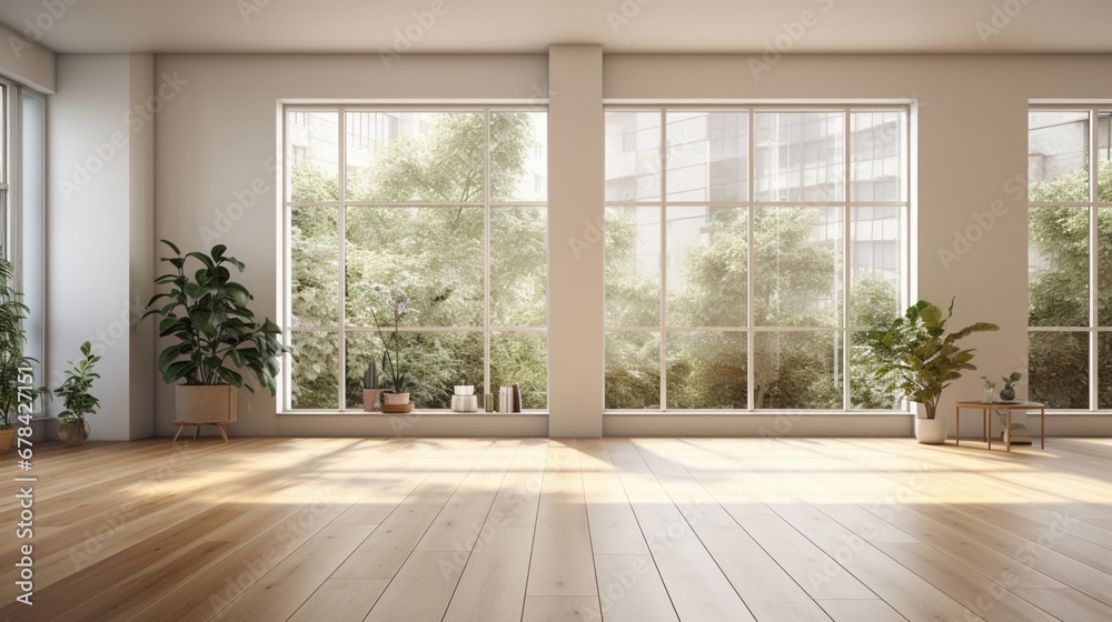 Fototapeta premium the spaciousness and sophistication of an empty room in a modern contemporary loft. The wooden floor, complemented by potted plants, creates a serene and inviting atmosphere.