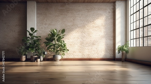  the spaciousness and sophistication of an empty room in a modern contemporary loft. The wooden floor, complemented by potted plants, creates a serene and inviting atmosphere.