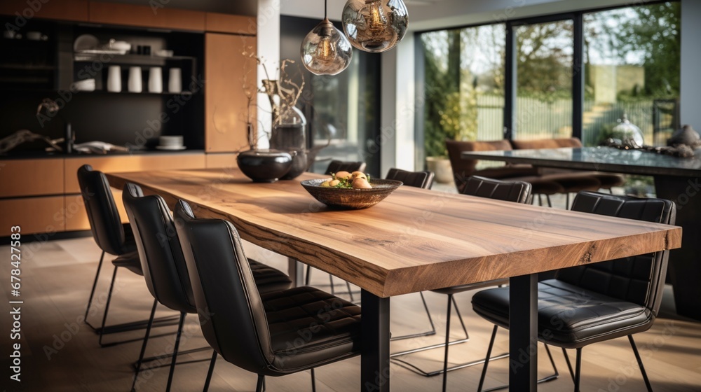 a wooden dining table in a stylish kitchen setting, with the background elegantly blurred to accentuate the combination of contemporary design and culinary functionality. a wooden dining table in a stylish kitchen setting, with the background elegantly blurred to accentuate the combination of contemporary design and culinary functionality.