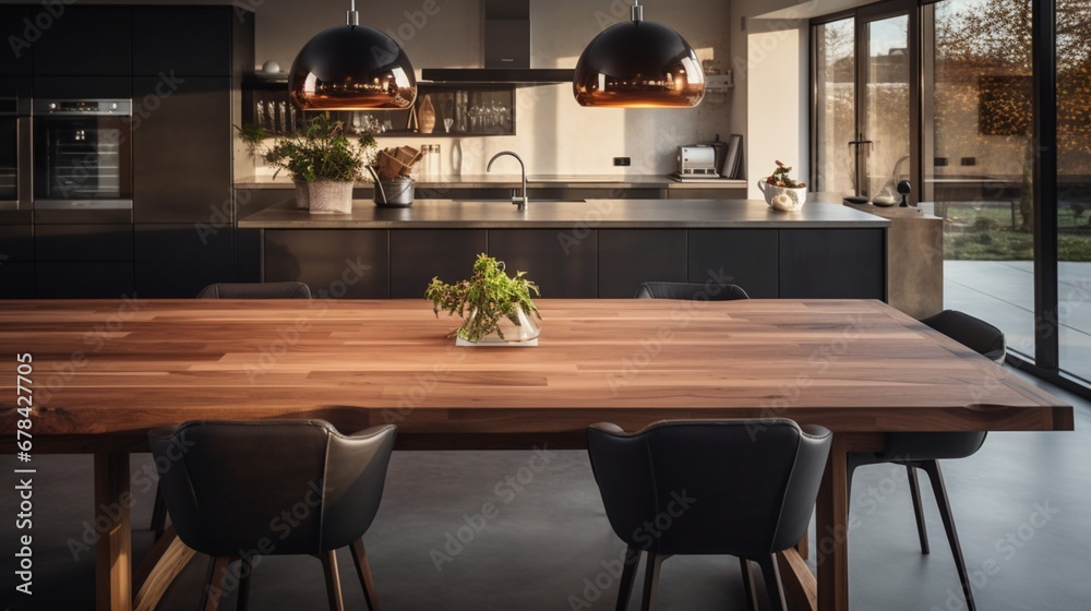  a wooden dining table in a stylish kitchen setting, with the background elegantly blurred to accentuate the combination of contemporary design and culinary functionality.