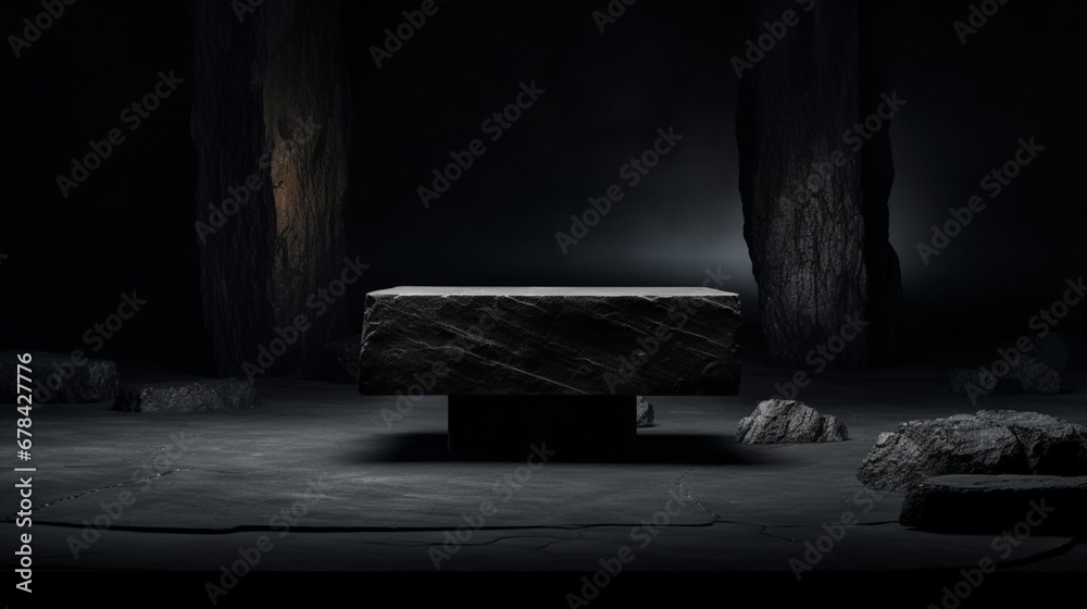 A high-quality image capturing the elegance of a black stone pedestal or platform set against a dark, dramatic backdrop.  - obrazy, fototapety, plakaty 