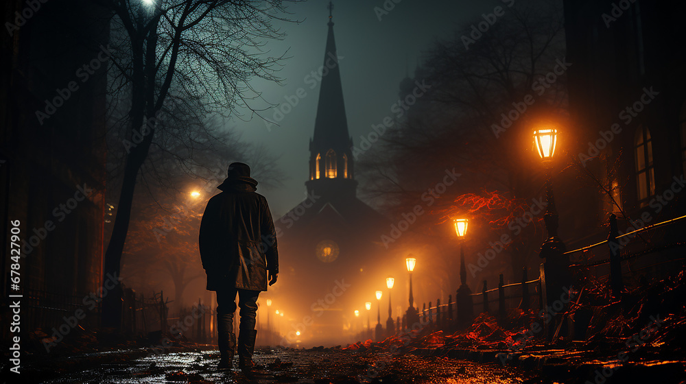 Silhouette eines Mannes, der in der nebligen Nacht vor der Kirche steht.