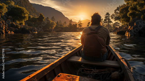 Rückansicht eines Mannes, der in einem Boot sitzt und in den Sonnenuntergang schaut.