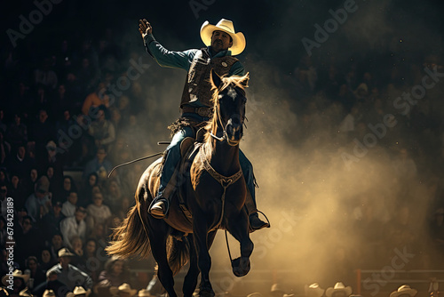 Cowboy on bucking horse at rodeo photo