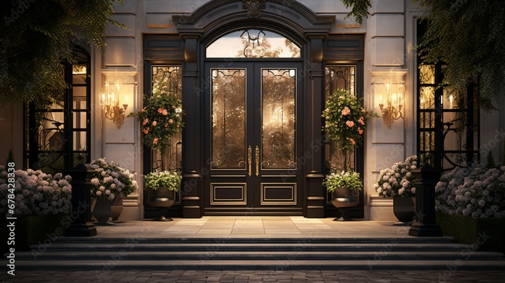 A high-quality image capturing the grandeur of a designer entrance door to a country house with modern design.