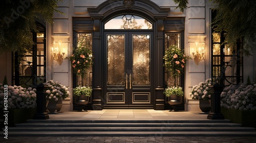 A high-quality image capturing the grandeur of a designer entrance door to a country house with modern design. photo