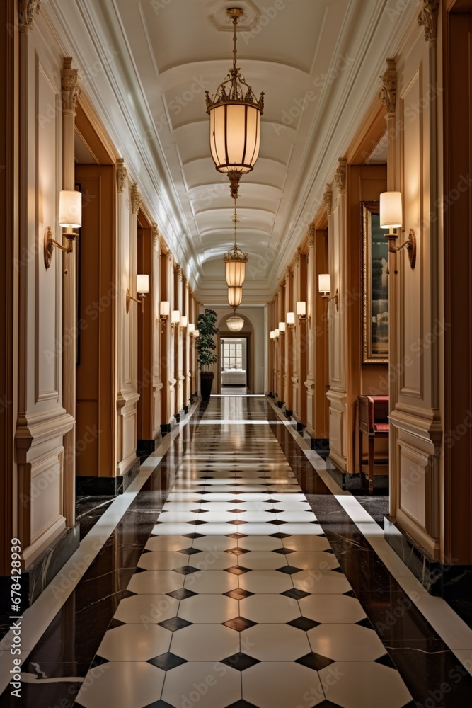  a long, spacious corridor in an upscale setting, featuring intricate architectural details, such as decorative molding and a polished marble floor. The corridor exudes a sense of timeless luxury.