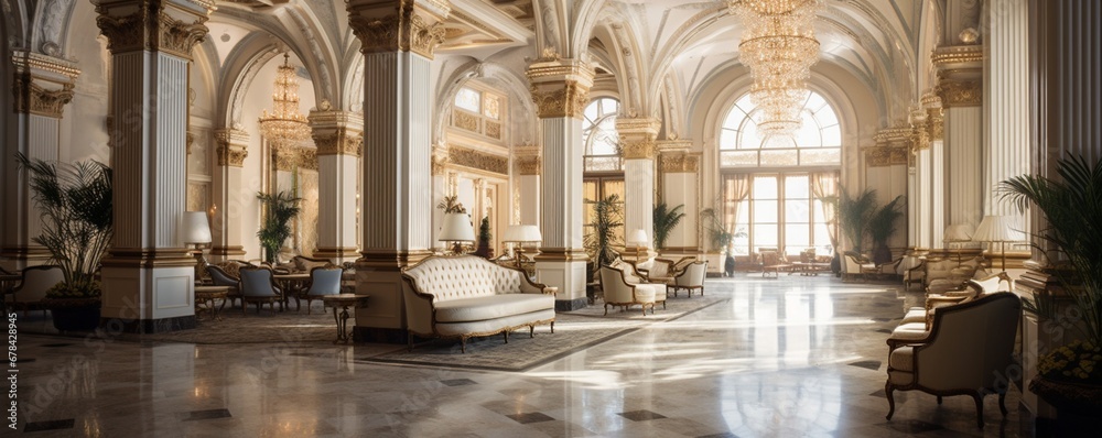 a lavish hotel lobby with no seating arrangements, emphasizing the grandeur of the space through its high ceilings, chandeliers, and polished marble floors. Every detail exudes opulence and elegance.