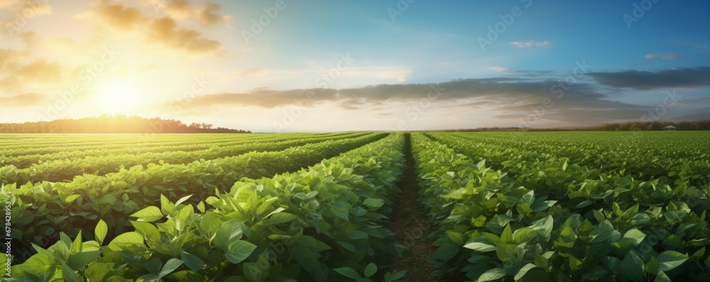 the beauty of a soybean plantation in full growth, with healthy green plants stretching across the field. the beauty of a soybean plantation in full growth, with healthy green plants stretching across the field.