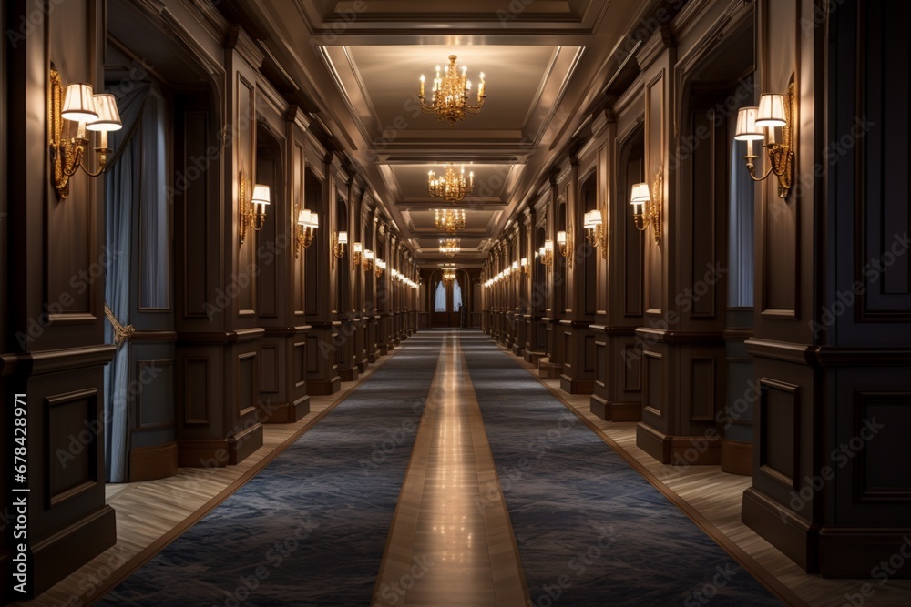a well-lit hotel corridor with a luxurious ambiance, emphasizing the attention to detail in the interior design, including intricate moldings, soft lighting, and tasteful decor elements.