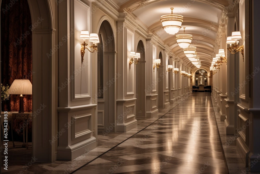  a well-lit hotel corridor with a luxurious ambiance, emphasizing the attention to detail in the interior design, including intricate moldings, soft lighting, and tasteful decor elements.