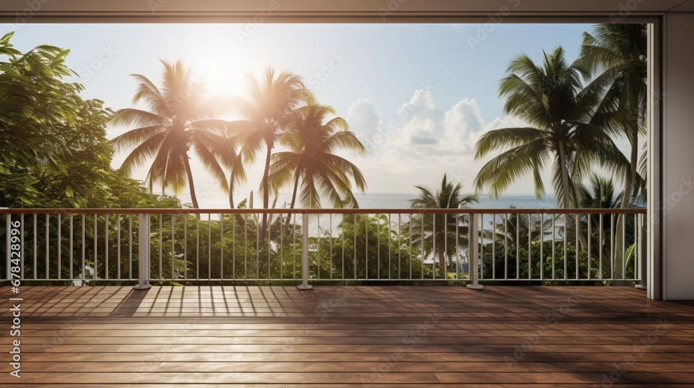 the beauty of a wooden balcony patio deck, with coconut trees swaying in the breeze in the background. 
