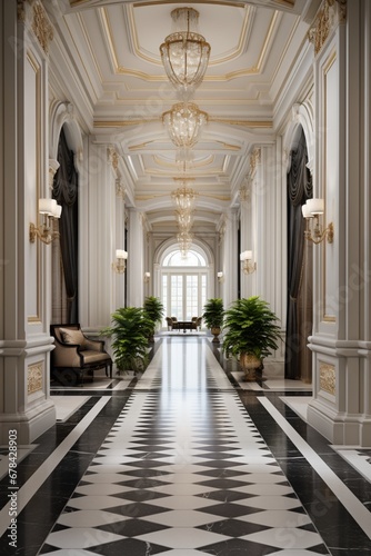 a long, spacious corridor in an upscale setting, featuring intricate architectural details, such as decorative molding and a polished marble floor. The corridor exudes a sense of timeless luxury.