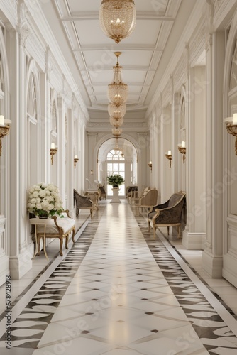  a long  spacious corridor in an upscale setting  featuring intricate architectural details  such as decorative molding and a polished marble floor. The corridor exudes a sense of timeless luxury.