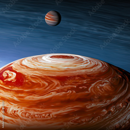 An artistic vision of a gas giant with a moon in the background