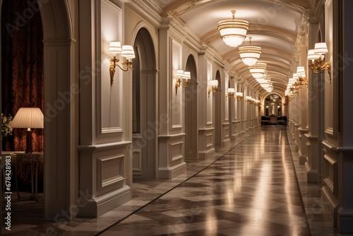  a well-lit hotel corridor with a luxurious ambiance, emphasizing the attention to detail in the interior design, including intricate moldings, soft lighting, and tasteful decor elements. © ZUBI CREATIONS