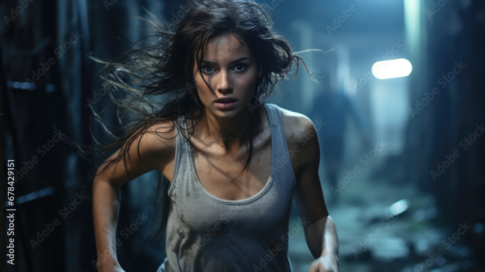 Scared young woman runs away from dangerous man, face of lost adult girl escaping in dark passage. Terrified female person like in thriller or horror movie. Concept of chase, fear, crime - obrazy, fototapety, plakaty 