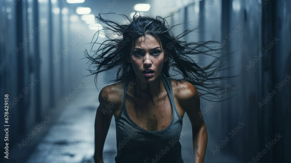 Frightened young woman runs down corridor, face of scared girl in sleeveless escaping danger. Terrified female person like in thriller or horror movie. Concept of chase, fear, scream