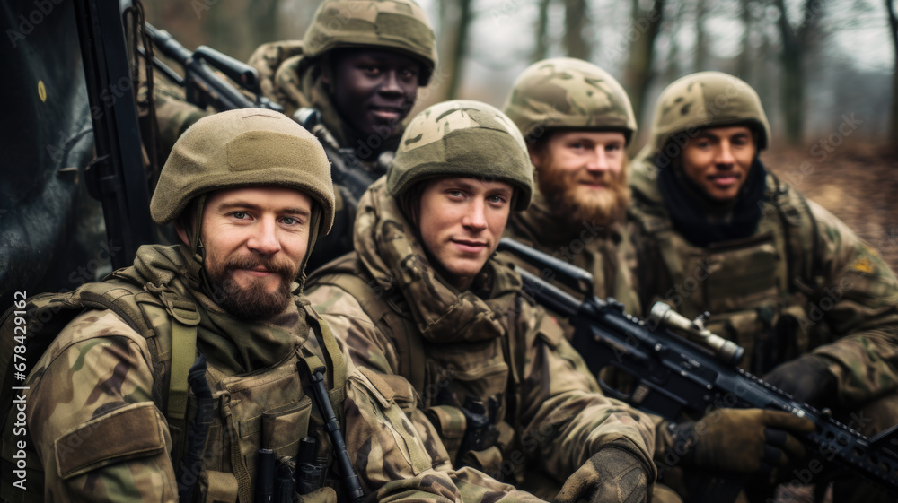 Smiling soldiers with weapon pose for photo, men in modern uniform and equipment in forest. Portrait of group of happy military male close-up. Concept of war, US army, young people
