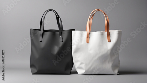 White and black tote bags mockup on a grey background. photo