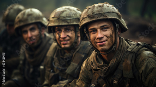 Smiling soldiers pose for photo after training, men in modern uniform in forest. Portrait of group of happy military male with dirty faces. Concept of war, army, young people