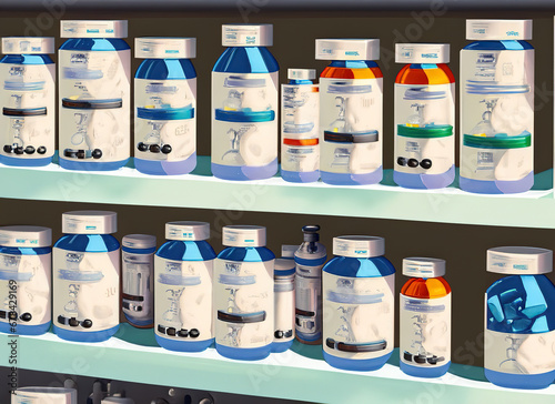 Prescription bottles on shelves in a pharmacy