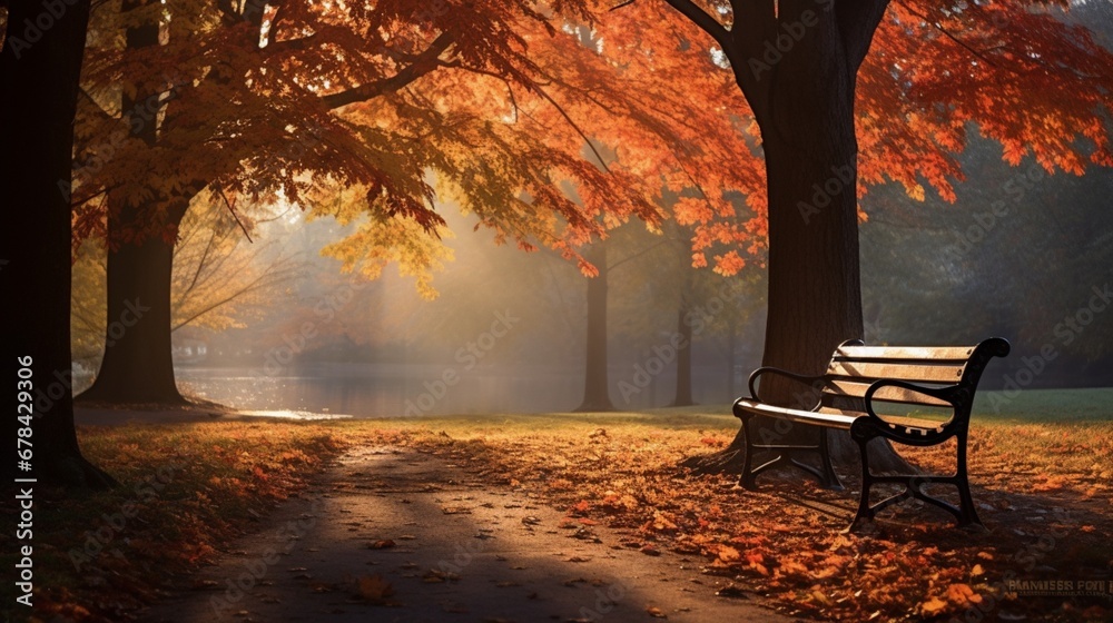A realistic and well-lit image showcasing the enchanting beauty of a park during autumn, with colorful foliage and leaves drifting down, offering a serene and visually appealing natural scene.