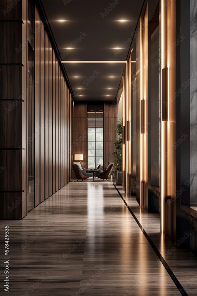 the interior of a contemporary corridor with a focus on the interplay of materials and textures. The design seamlessly combines wood, glass, and metal elements for a harmonious aesthetic.